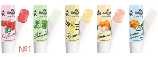 Изображение бальзамов SEVERINA с ароматом клубники, яблока, ванили, персика, жевательной резинки